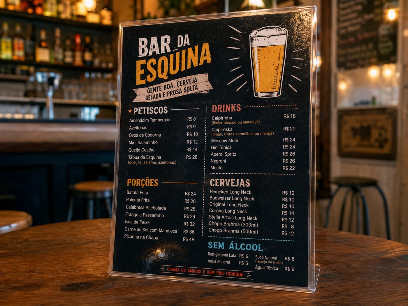 Cardápio para bar com petiscos, porções, drinks e cervejas, impresso e laminado