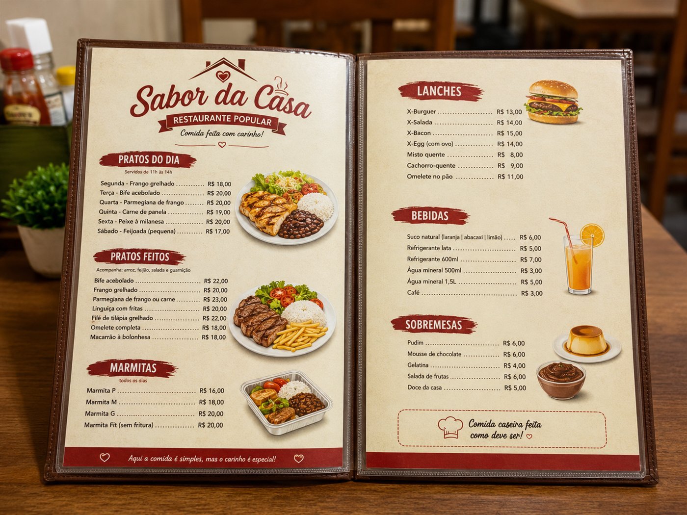 Cardápio de restaurante popular com pratos do dia, marmitas, lanches e preços