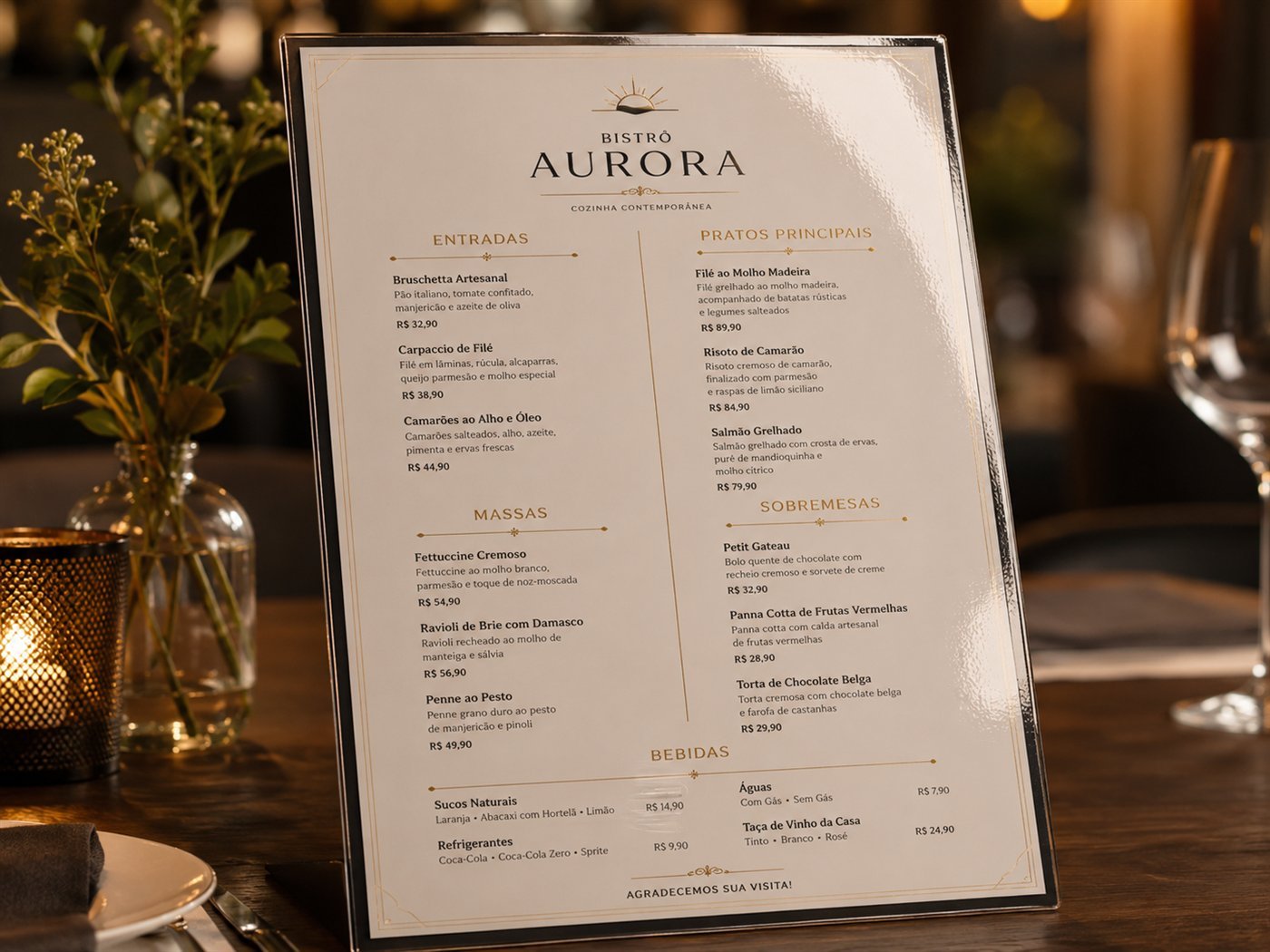 Cardápio de restaurante requintado, com papel premium e acabamento sofisticado