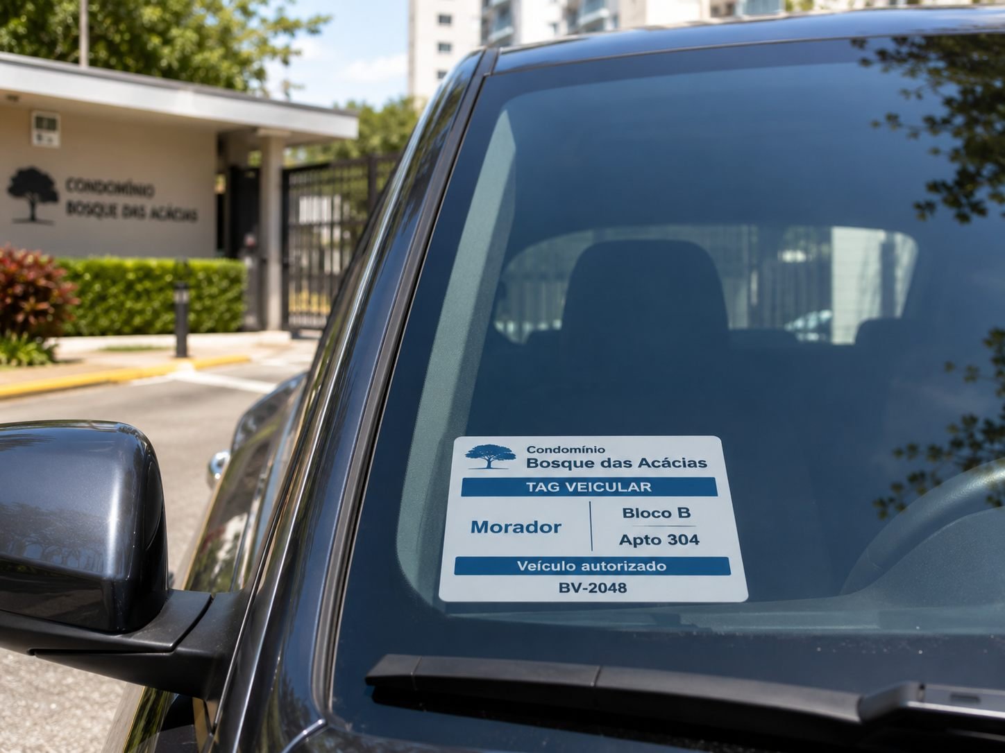 Tag veicular de condomínio em adesivo retroverso aplicado no para-brisa do carro