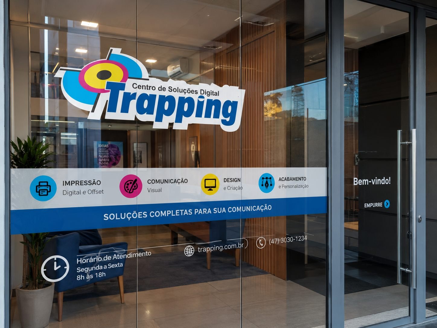 Adesivo retroverso aplicado na vitrine de uma loja, com a marca e informações impressas no vidro